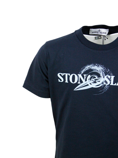 Shop Stone Island Crew-neck Short-sleeved Cotton T-shirt With Rubberized Logo On The Front In Blu