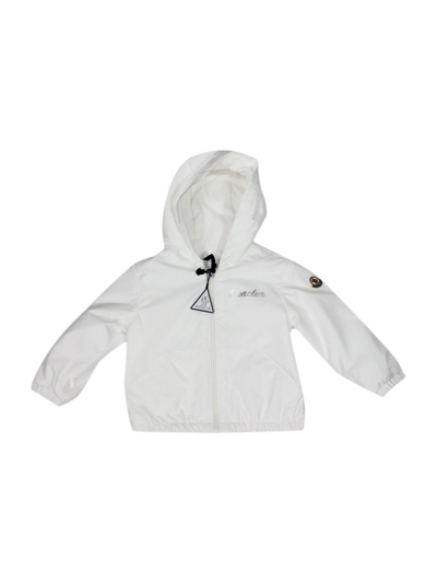 Shop Moncler Evanthe Baby Windproof Jacket With Hood And Zip Closure And Silver Logo Writing On The Chest. In White