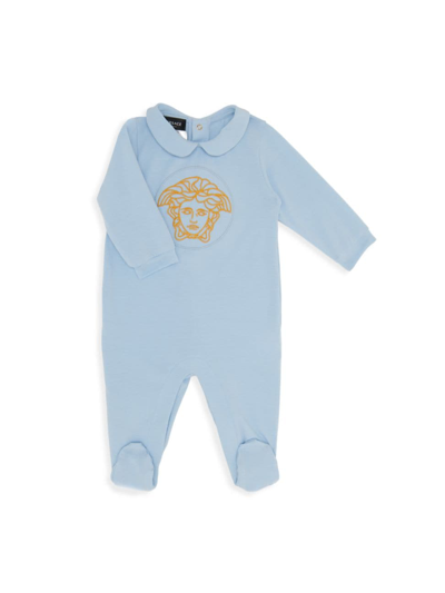 Shop Versace Baby Girl's Medusa Collared Footie In Whale Blue