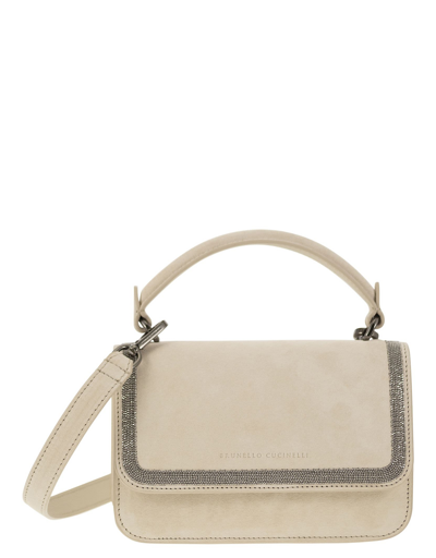 Shop Brunello Cucinelli Designer Handbags Suede Bag With Precious Contour In White