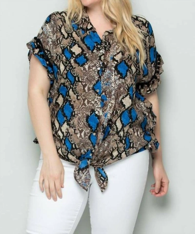 Shop See And Be Seen Button Down Tie Front Blouse In Blue Snakeskin In Multi