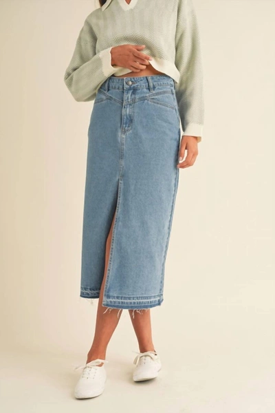 Mable Front Slit Midi Denim Skirt In Blue In Blue