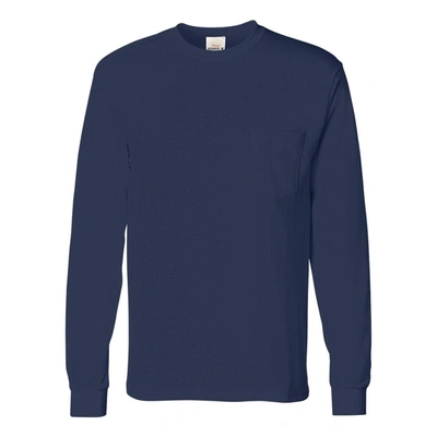 Shop Hanes Authentic Long Sleeve Pocket T-shirt In Blue