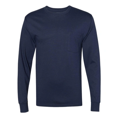 Shop Hanes Workwear Long Sleeve Pocket T-shirt In Blue