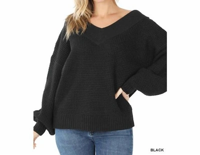 Shop Zenana Balloon Sleeve Wide V-neck Sweater In Black
