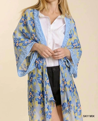 Shop Umgee Sheer Floral Print Open Front Kimono With Crochet Detail In Sky In Blue