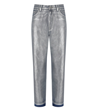 Shop Elisabetta Franchi Silver Laminated Boyfriend Jeans