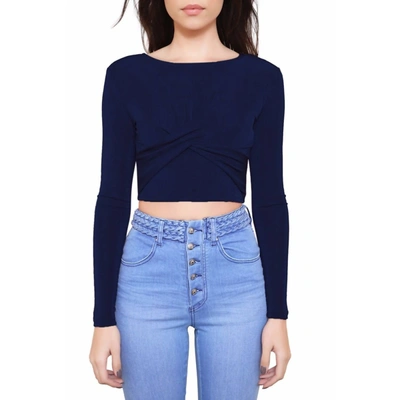 Minkpink Stretch Twist Wrap Front Long Sleeve Crop Top Sweater In Navy Blue In Blue