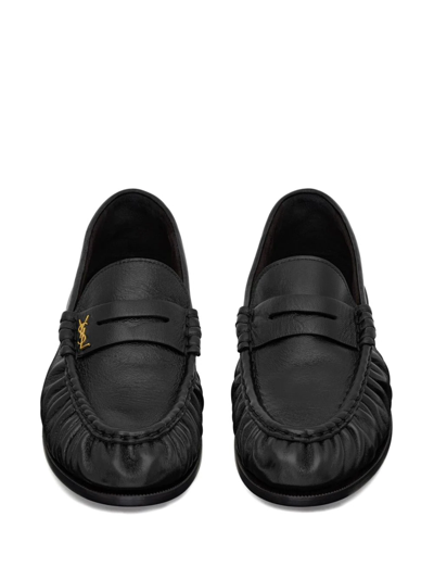 Shop Saint Laurent Mocassini Loafer In Pelle Stropicciata Lucida In Black