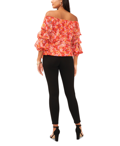 Shop Vince Camuto Women's Floral Off The Shoulder Bubble Sleeve Tie Front Blouse In Tulip Red
