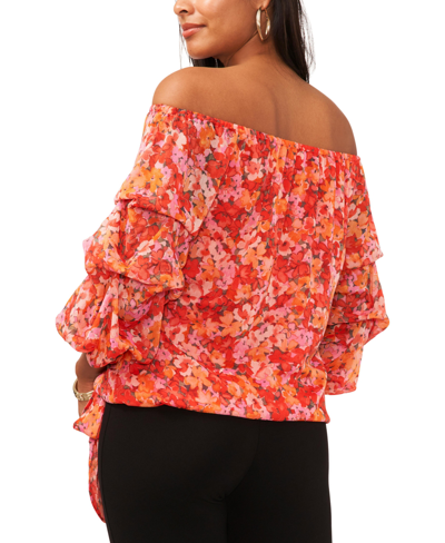 Shop Vince Camuto Women's Floral Off The Shoulder Bubble Sleeve Tie Front Blouse In Tulip Red