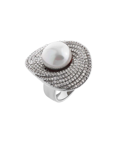 Shop By Adina Eden Fancy Pave Curved Imitation Pearl Ring In Silver