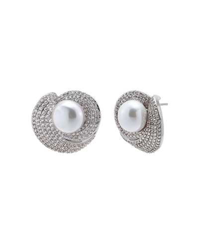 Shop By Adina Eden Pave Looped Imitation Pearl Stud Earring In Silver