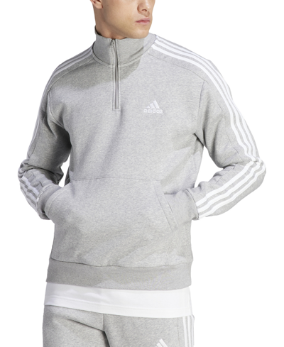Shop Adidas Originals Men's Essentials Fleece 3-stripes Quarter-zip Sweatshirt In Mgh,wht