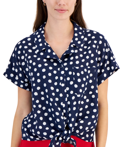 Shop Charter Club Women's 100% Linen Carrie Dot-print Tie-front Shirt, Created For Macy's In Intrepid Blue Combo