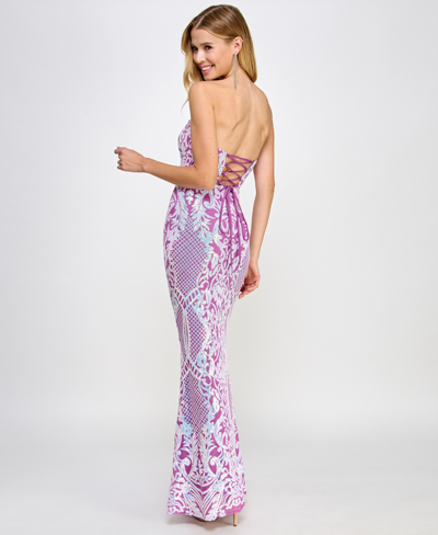 Shop Jump Juniors' Sequined Strapless Lace-up-back Gown, Created For Macy's In Lilac