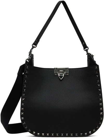 Shop Valentino Black Rockstud Grainy Calfskin Bag In 0no Nero