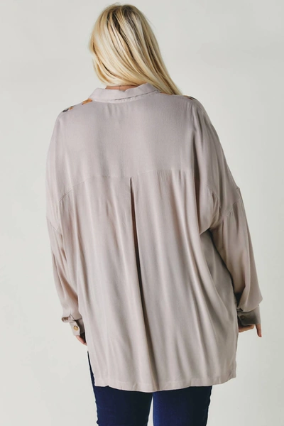 Shop Davi & Dani Floral Printed Button Down Long Sleeve Tunic Plus In Taupe In Grey