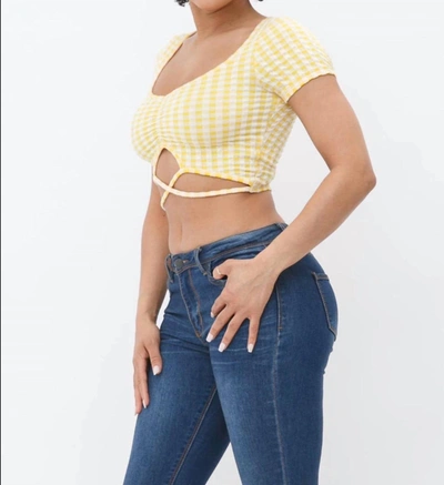 Shop Love J Style Bottom Front Cut Out Plaid Print Short Sleeve Crop Top In Yellow And White In Multi