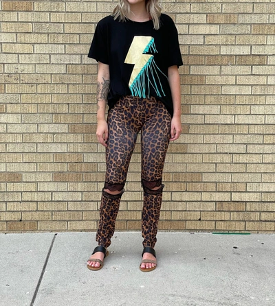 Shop Lucky & Blessed Leopard Leggings W/ Black Lace Knee In Brown