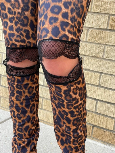Shop Lucky & Blessed Leopard Leggings W/ Black Lace Knee In Brown