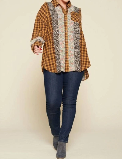 Shop Oddi Plaid Oversized Floral And Animal Print Plus Shirt In Mustard And Brown In Multi