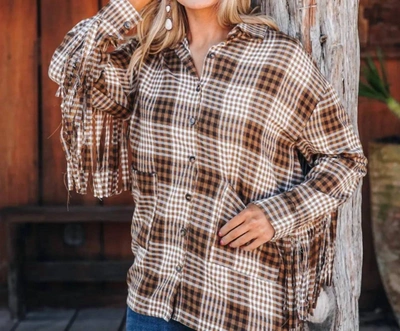 Southern Grace Woodland Escape Long Sleeve Flannel Top In Brown Plaid & Fringe In Multi