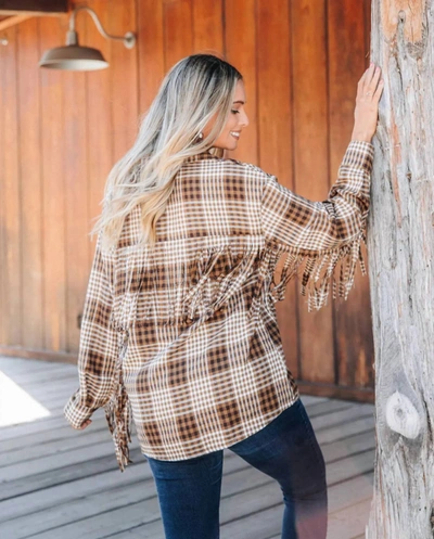 Southern Grace Woodland Escape Long Sleeve Flannel Top In Brown Plaid & Fringe In Multi