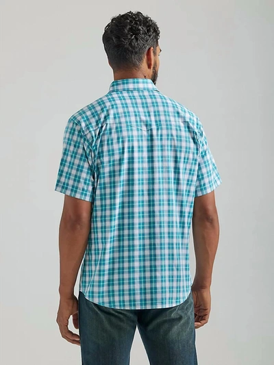 Shop Wrangler Men's Wrinkle Resist Short Sleeve Western Snap Shirt In Turquoise Plaid In Multi