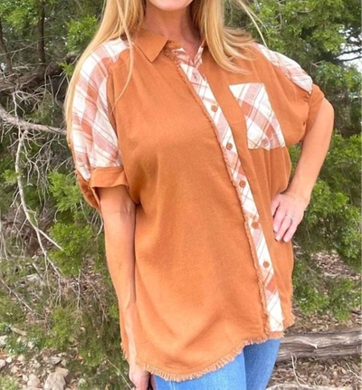 Umgee Camel Linen Plaid Button Down Shirt With Unfinished Frayed Hem In Brown In Brown