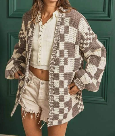 Shop Bibi Mixed Checkered Chunky Cardigan In Mocha/ivory In Multi