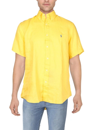 Shop Ralph Lauren Mens Linen Button Collar Button-down Shirt In Yellow