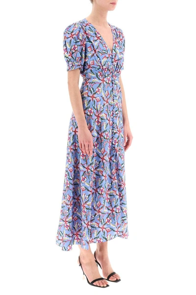 Shop Saloni 'lea' Long Dress In Printed Silk In Blue