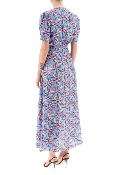 Shop Saloni 'lea' Long Dress In Printed Silk In Blue