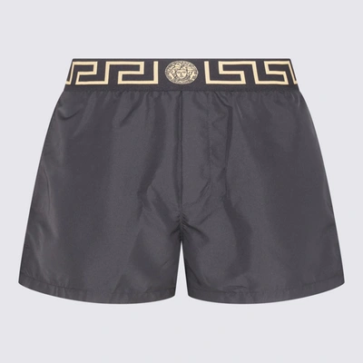 Shop Versace Black And Gold-tone Swim Shorts