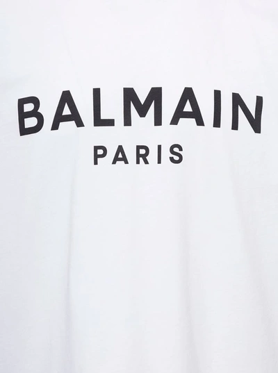Shop Balmain White Crew Neck T-shirt With Logo Print On The Chest In Cotton Man