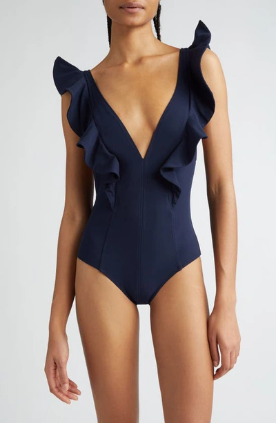 Shop Ulla Johnson Evelina Ruffle One-piece Swimsuit In Midnight