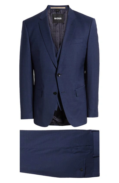 Shop Hugo Boss Boss Huge 3-piece Solid Blue Stretch Wool Suit In Dark Blue