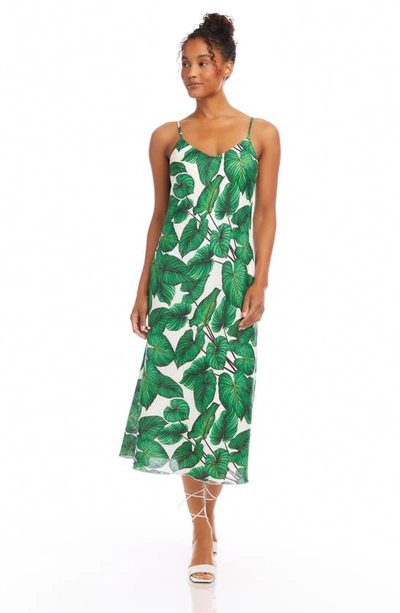Shop Karen Kane Palm Print Bias Cut Linen Midi Dress In Green