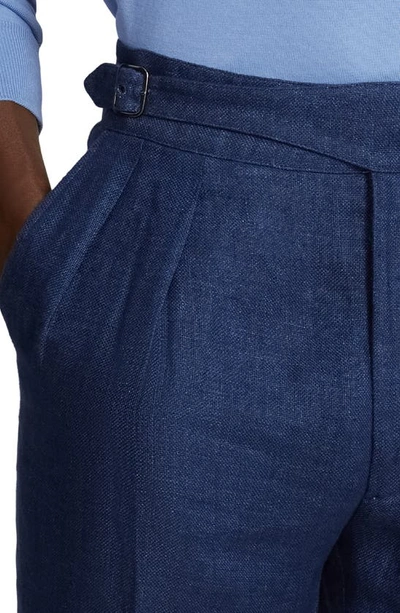 Shop Ralph Lauren Purple Label Byron Pleated Cuff Hem Linen Trousers In Navy