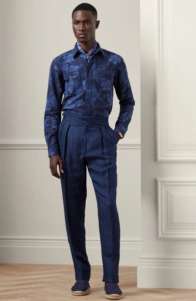 Shop Ralph Lauren Purple Label Byron Pleated Cuff Hem Linen Trousers In Navy