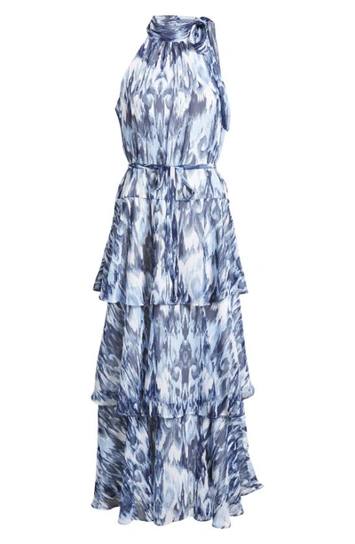 Shop Julia Jordan Tiered Tie Neck Maxi Dress In Blue Multi