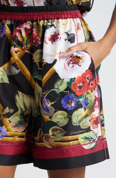 Dolce & Gabbana Floral-print Silk Pajama Shorts In Roseto Bordo Rosso