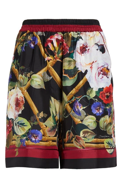 Shop Dolce & Gabbana Rose Garden Print Silk Shorts In Roseto Bordo Rosso