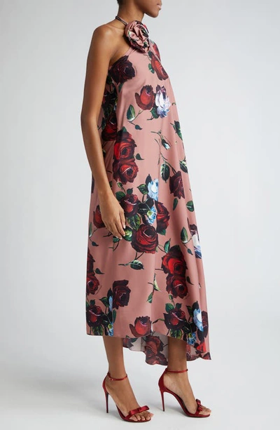 Shop Dolce & Gabbana Dolce&gabbana Rosette Floral Print Asymmetric One-shoulder Charmeuse Dress In Rose Vintage F.rosa