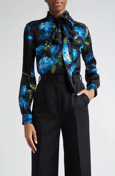 Shop Dolce & Gabbana Bluebell Floral Print Tie Neck Silk Satin Shirt With Detachable Appliqué In Nero