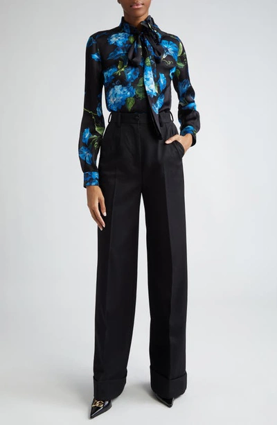 Shop Dolce & Gabbana Dolce&gabbana Bluebell Floral Print Tie Neck Silk Satin Shirt With Detachable Appliqué In Nero