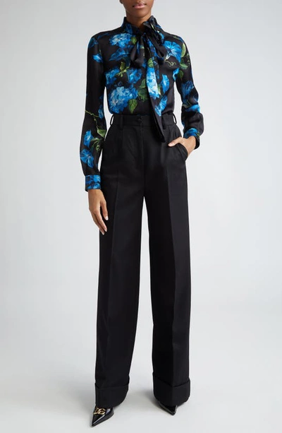 Dolce & Gabbana Satin Bluebell Print Blouse With Tie Neck In Nero