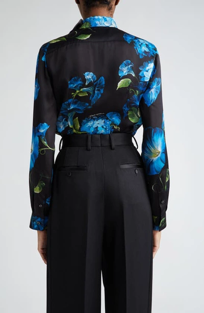 Dolce & Gabbana Satin Bluebell Print Blouse With Tie Neck In Nero