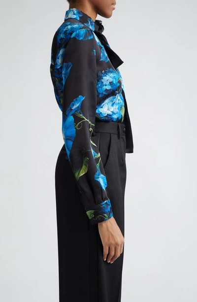 Dolce & Gabbana Satin Bluebell Print Blouse With Tie Neck In Nero